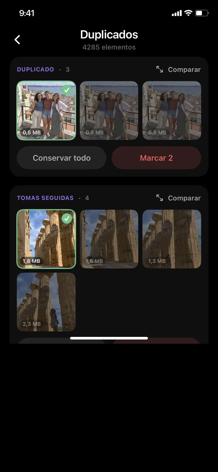 Fotos duplicadas y parecidas agrupadas en PhotoDelete