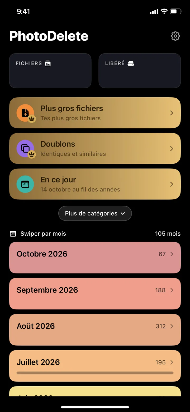 Écran d'accueil de PhotoDelete avec les plus gros fichiers, les doublons et les mois